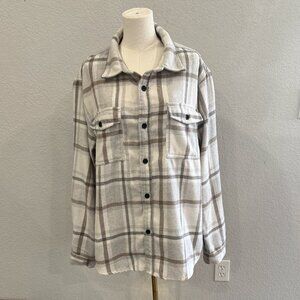 Magaschoni Mens XL Ivory Plaid Flannel Long Sleeves Button